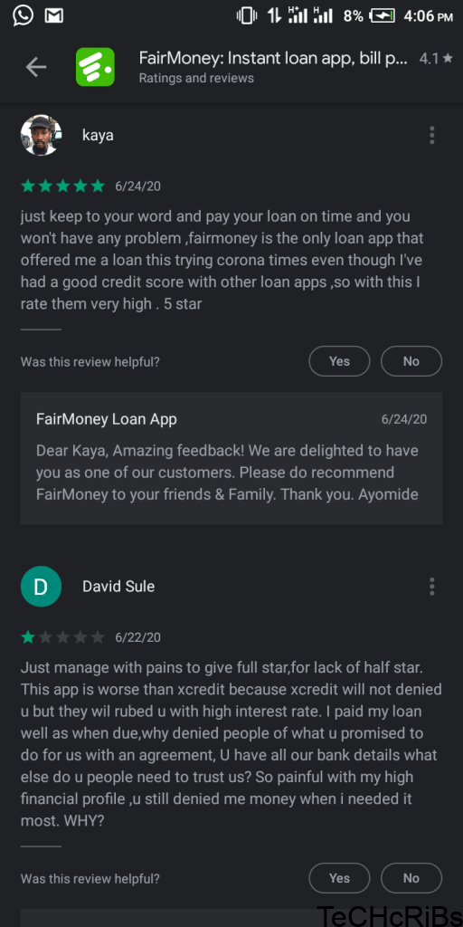 Fairmoney playstore review - quick loan app